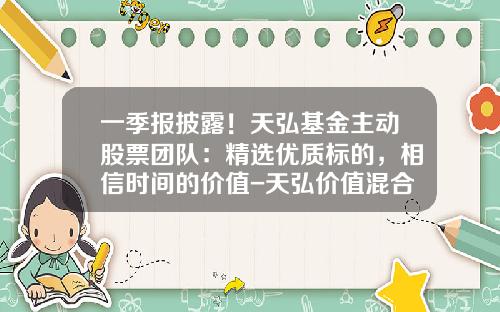 一季报披露！天弘基金主动股票团队：精选优质标的，相信时间的价值-天弘价值混合基金